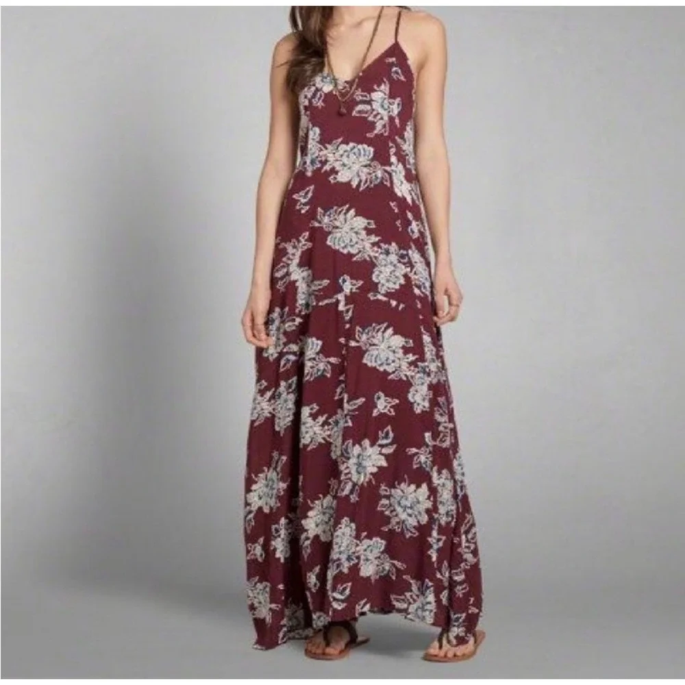 Abercrombie & Fitch Floral Maxi Dress Burgundy Boho Lace Up Back Small